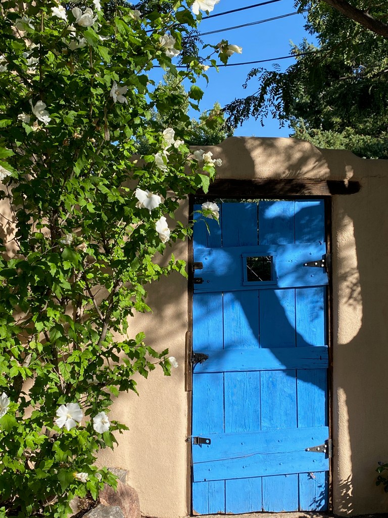 blue door and stuccoed building with green trees and blue sky
